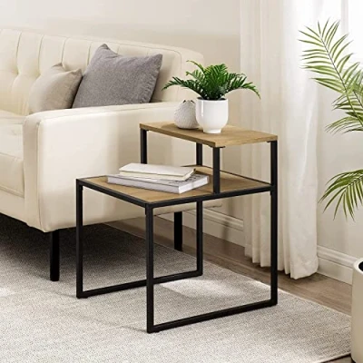 Image of URBNLIVING 2 Tier Wood and Metal Sofa Side Coffee End Bedside Table With Open Storage Industrial Nightstand (Coastal Oak)