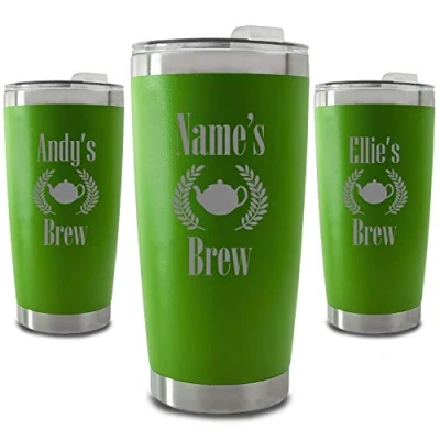 Image of Personalised Engraved 500ml Green Travel Cup with Name&#039;s Brew Design, Personalise Any Name