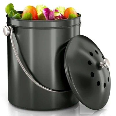 Image of Utopia Kitchen Compost Bin for Countertop 1.3 Gallon Bucket with Lid Includes 1 Spare Charcoal Filter (Grey)