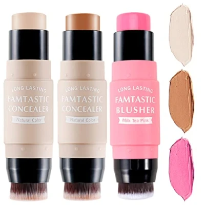 Image of Erinde 3PCS Contour Foundation Stick with Brush, Creamy Blush for Cheeks &amp; Lips, Highlighter Bronzer Pen, Face Brightens Shades Highlighting Shade, Highlight Shaping Stick,Longwear Makeup