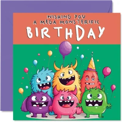 Image of Kids Monster Birthday Card Mega Kids, Cards for Him or Her, 145mm x Greeting Son Daughter Niece Nephew Grandchild Kid Children