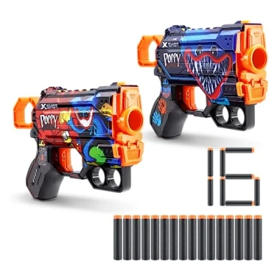 Image of XSHOT Skins Menace Blaster Poppy Playtime (2 Pack Jumpscare &amp; Toony with 16 Darts), Easy Reload, Air Pocket Dart Technology, Toy Foam for Kids, Teens and Adults (Jumpscare Toony)