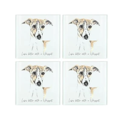 Image of Whippet Coaster Set Life&#039;s Better With a Dog Gift Square Glass of Four (4) Coasters