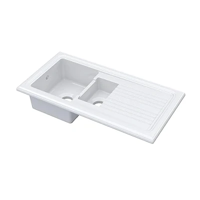 Image of Balterley Ceramic Kitchen Sink with Drainer &amp; Overflow Hole, 101cm Bowl Inset Fireclay White Sink, 1.5 Double Reversible Sinks Grooved 1010 x 525 235mm (White)