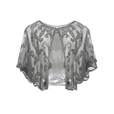 Image of ArtiDeco Women&#039;s 1920s Shawl Sequin Beaded Art Deco Evening Cape Vintage Wraps (Gray)(Size: Free)