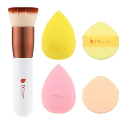 Image of DUcare 4Pcs &amp; 1Pc Makeup Sponges Foundation Brushes Ideal For Flawless Makeup, Non latex Blender Beauty Powder Puffs Kabuki Flat Top Face Brush