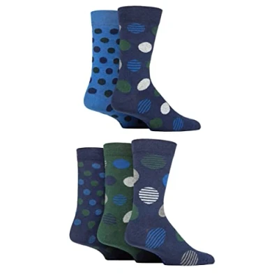 Image of Mens 5 Pair SOCKSHOP Plain and Patterned Cotton Socks with Gentle Grip Tops Navy / Green Spot 7 11