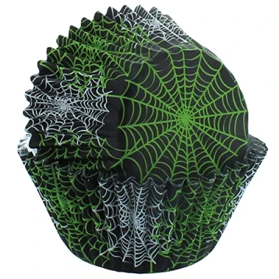 Image of Baked With Love Foil Lined Spider Web Baking Cases, Halloween Cake Decorations. Black, 50mm Dia Base x 37mm Height 25 Pack