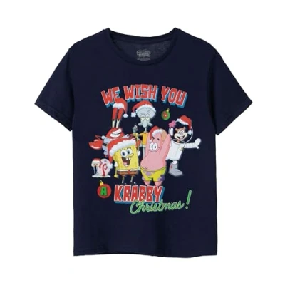 Image of SPONGEBOB SQUAREPANTS Kids Christmas T Shirt Boys &amp; Girls Krabby Short Sleeve Seasonal Graphic Tee Patrick Squidward Sandy Mr Krabs Gary Navy Festive Top Xmas Merchandise Gift