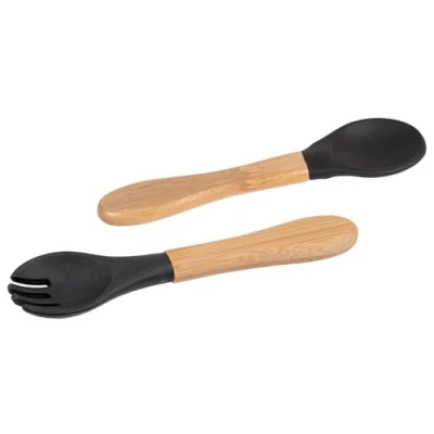 Image of Black 2pc Bamboo Baby Weaning Fork &amp; Spoon Set By Tiny Dining