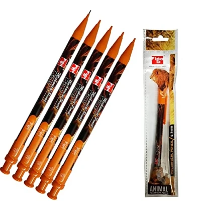 Image of MECHANICAL Pencils, 0.7mm Lead, Pack of 5, FIGO Lion Propelling Built In Eraser, School Office Home Use, ZOFAX Black Ball Pen