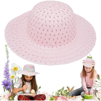 Image of HOVUK Kids Easter Bonnet Hat, Summer Party Supplies Ready To Decorate Size 16cm (Pink)