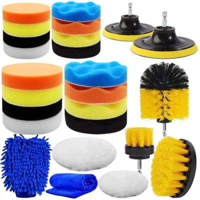 Image of Yumzeco 25 Pcs Car Polish Kit Cleaning with Polishing Pads,Drill Brushes for Cleaning,Car Wash Mitt Microfiber Cloths, Sponge Wool Pads Wax Polisher And Buffers