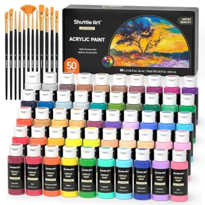 Image of Shuttle Art Acrylic Paint, 50 Colours 2oz/60ml Paints Set with 10 Brushes, Water proof, Premium for Artists, Beginners and Kids on Canvas Rocks Wood Ceramic Fabric