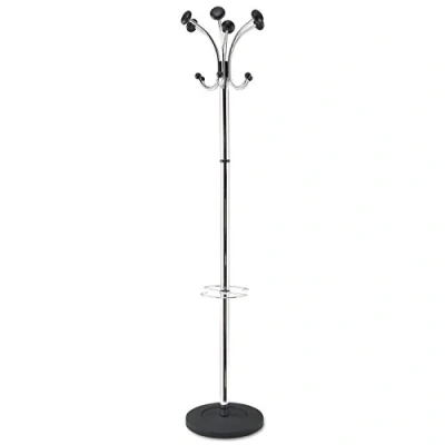 Image of Alba Chromy Hat and Coat Stand Tubular Steel with Umbrella Holder 6 Hooks Pegs H1790mm Ref PMCLAS