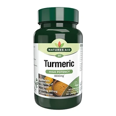 Image of Natures Aid Turmeric 8200 mg, High Potency Extract plus Whole Herb, 200 mg Curcumins, Vegan, 30 Capsules