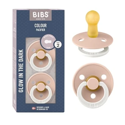 Image of BIBS Colour Night Glow in The Dark Soother 2 Pack, BPA Free Dummy Pacifier, Round Nipple. Natural Rubber Latex, Made Denmark, Size (6 18 Months), Blush
