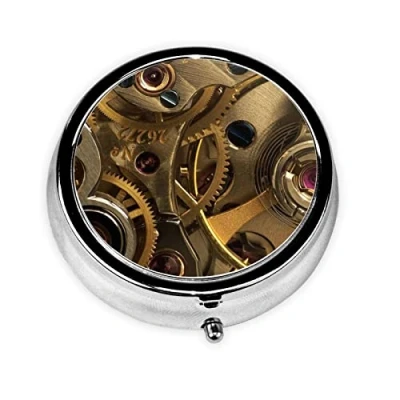 Image of Cool Steampunk Gears Print Round Pill Box,Portable Mini Metal Pill,Pill Box 3 Compartment Medicine Case