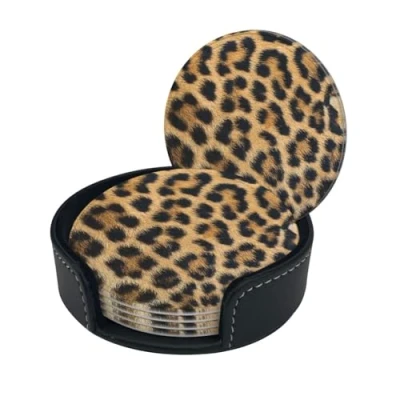Image of Rough Leopard Print Round Leather Coasters Set Of 6, Ultra Fiber Pu