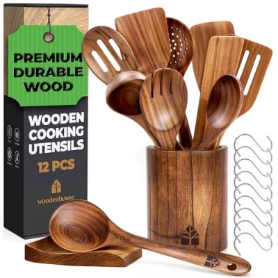 Image of Wooden Spoons for Cooking Utensils Set with Spatula, Holder, Spoon Rest &amp; Hooks, Teak Wood Nonstick Kitchen Cookware Utensil of 12pcs by Woodenhouse