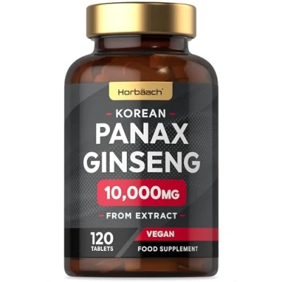 Image of Panax Ginseng High Strength 10000mg 120 Tablets Korean from Extract Suitable for Vegetarians and Vegans by Horbaach