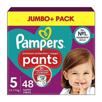 Image of Pampers Premium Protection Nappy Pants Size 5, 48 Nappies, Jumbo+ Pack