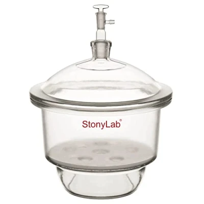 Image of stonylab Glass Vacuum Desiccator, Lab Desiccator with Valve and Porcelain Plate ID: 240 mm for Laboratory Research