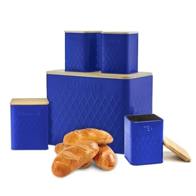 Image of SG Traders 5pc Kitchen Storage Set with Airtight Bamboo Lids Includes Tea Coffee Sugar Nuts Biscuit Barrel Canister Jar &amp; Stylish Bread Bin Diamond Embossed Design Matt Finish (Royal Blue)