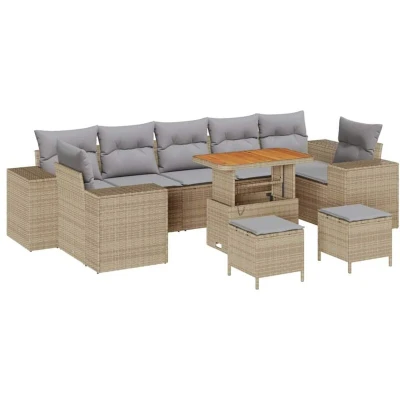 Image of vidaXL 10 Piece Garden Sofa Set with Cushions Beige Poly Rattan Acacia
