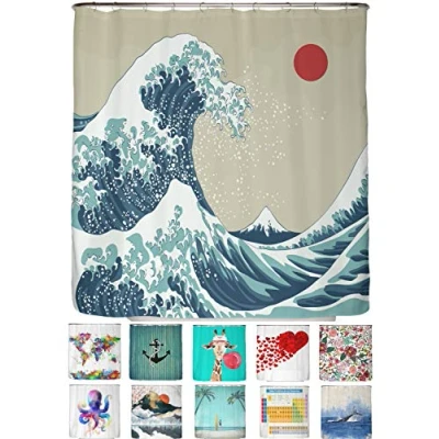 Image of arteneur® Japan Welle Anti Mould Shower Curtain 180 x 200 cm with Oeko Tex Standard 100 Weighted Hem, Opaque, Waterproof, Washable, 12 Rings &amp; E Book (English language not guaranteed)