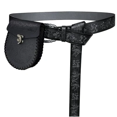 Image of HiiFeuer Viking Fenrir Embossed Buckle Belt with Nordic Bag, Vintage Faux Leather and Pouch Set for LARP (Black C)