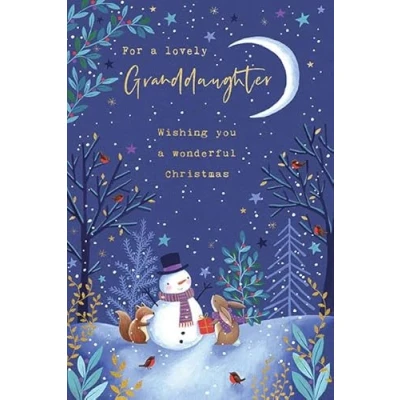 Image of Paperlink Artistic Female Relation Christmas Greeting Card Granddaughter Snowman, Squirrel &amp; Rabbit From The Woodland Wonders Range With A Gold Foil Finish