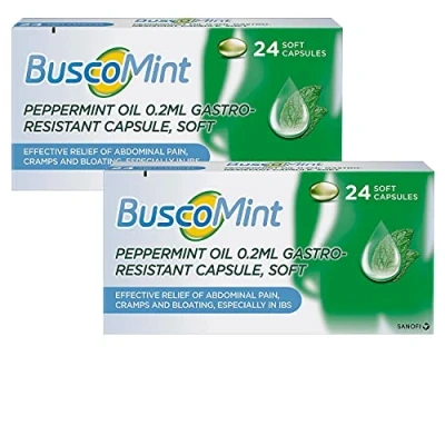 Image of 2 Pack of Buscomint Peppermint Oil 0.2ml Gastro Resistant Treatment, 24 Soft Capsules, Treats Painful Spasms, Bloating, and Trapped Wind Abdominal Pain