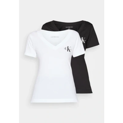 Image of Calvin Klein Jeans 2PACK Monologo Vneck TEE Print Tshirt, Women&#039;s, Size: XXS, Black/bright white