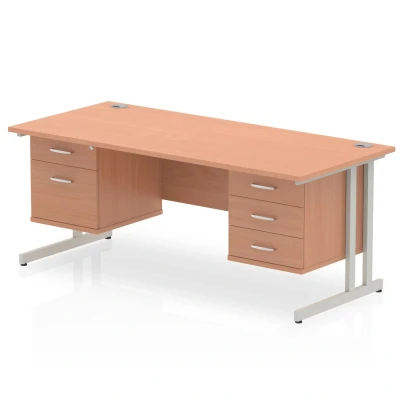Image of DYNAMIC MI001722 Melamine Faced Chipboard Rectangular Office Desk, Beech Finish, Cantilever Leg, Silver Frame, 1 x 2 Drawer &amp; 3 Drawer, Fixed Pedestal, 1600mm Width, 800mm Length, 730mm Height