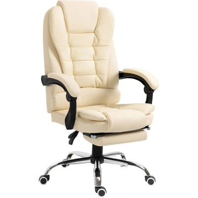 Image of HOMCOM Executive Office Chair, PU Leather High Back Desk Chair with Adjustable Height, Recliner Computer Swivel Footrest for Home Office, Cream White
