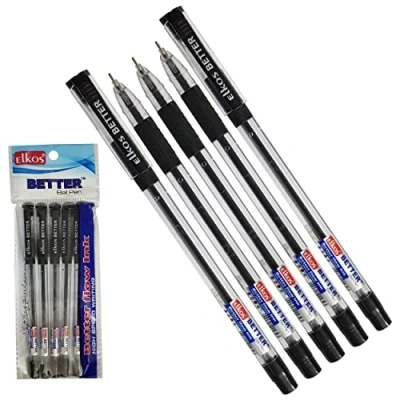 Image of ELKOS Black Ballpoint Pens, 0.7mm Fine Point, Pack of 5, Better Ball Smooth Writing, Soft Grip, School Office Home Use, ZOFAX Pen