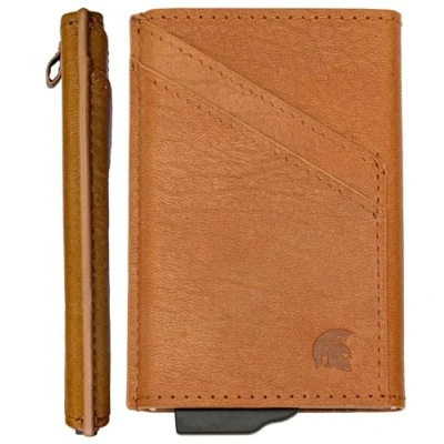 Image of POWR Card Holder Wallet. Light Brown Vegan Leather RFID for Men. Minimalist Wallet Credit Holders Pop Up Metal Slim