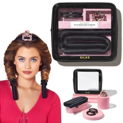Image of Silke Heatless Curlers Headband 100% Luxurious Curls Silk Hair No Heat Big Bounce, Effort Curler Easy &amp; Effortless (Black)