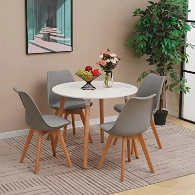 Image of YULU Round Dining Table and Chairs Set 4, Mid Century Modern PU Padded Seat Lounge 90cm White Kitchen with Solid Wood Legs (Grey)