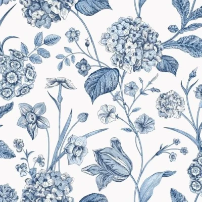 Image of Hydrangea Blue Floral Wallpaper Flowers Botanical Leaves Naturistic Classic Traditional Stylish Feature Wall