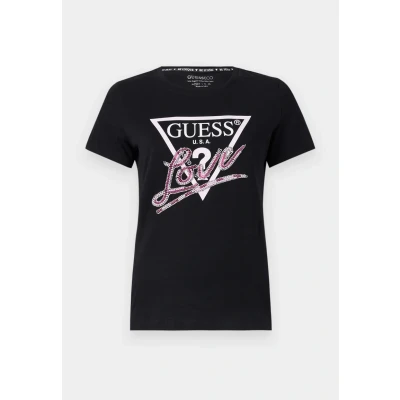 Image of Guess LOVE Triangle TEE Print Tshirt, Women&#039;s, Size: XS, Jet black
