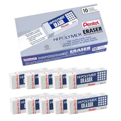 Image of Pentel Hi Polymer Block Eraser, Large, White, Pack of 10 ZEH Erasers (ZEH10PC10)