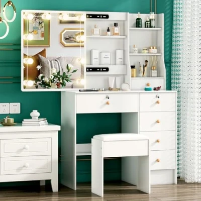 Image of Dressing Table with LED Lights, Vanity Adjustable Brightness Mirror, Makeup Desk 5 Drawers and Open shelves for Bedroom (D06)
