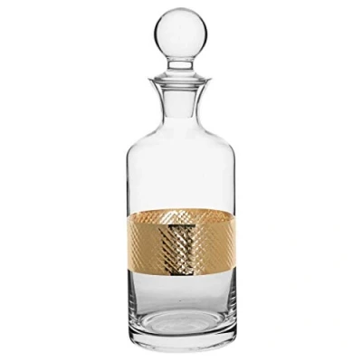 Image of Gin Decanter 1.5L Art Deco Gold Diamond Embossed Band Carafe Spirits Jug with Weighted Stopper