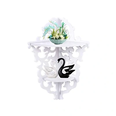 Image of Carved Corner Shelf, 2 Tier Wall Hanging Display Rack Storage Shelf White Ornate Shelves Floating Bookcase Cosmetic Shelving Unit for Living Room Office Chic Modern Shabby Mount