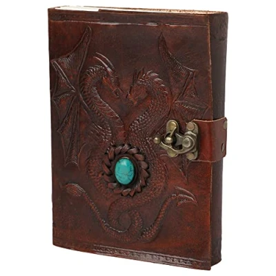 Image of OVERDOSE Double Dragon with Stone C Lock Leather Journal Diary Notebook Handmade for Students Office Bound men &amp; women 5 x 7 inches 12 17 cm A6