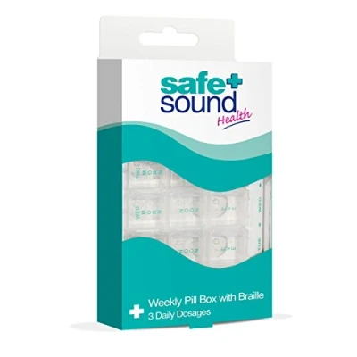Image of Safe and Sound Weekly Pill Organiser, 3 Compartments Per Daily Removable Section, Printed Braille Flip top Lids, Push open Catches