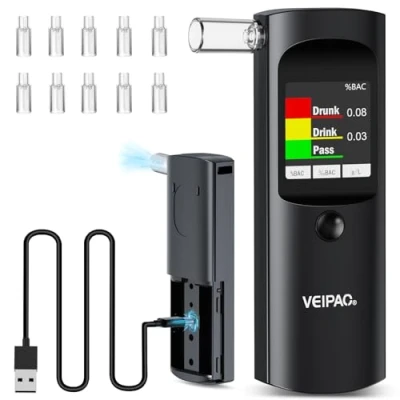 Image of VEIPAO Alcohol Breathalyzer Tester UK Breathalysers: Portable Breathalyser with 11 Mouthpieces Digital LCD Screen Test Kit High Accuracy for Home Personal Professional Use