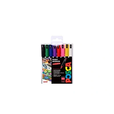 Image of POSCA PC 1MR Permanent Marker Paint Pens. Ultra Fine Tip for Art &amp; Crafts. Multi Surface Use On Wood Metal Paper Canvas Cardboard Glass Fabric Ceramic Rock Pebble Porcelain. Set of 8 Standard Colours